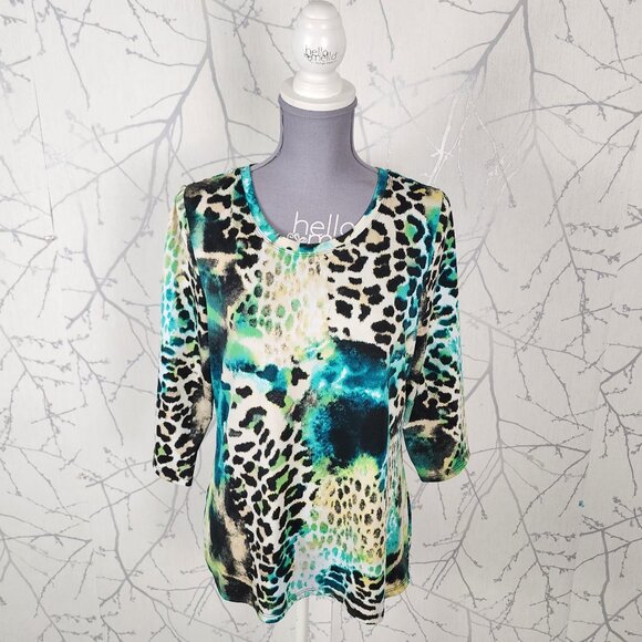 FDJ Abstract Artsy Leopard Print Stretch Knit Round Neck Top - Picture 1 of 5